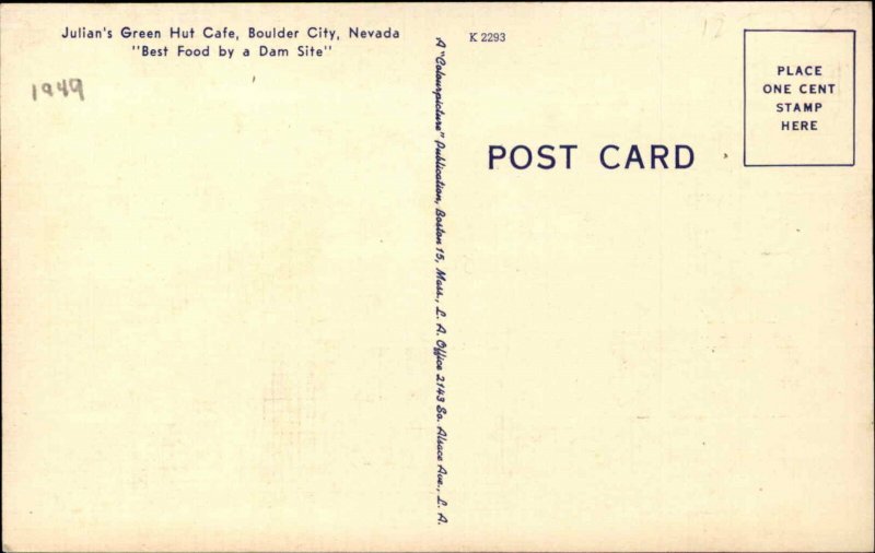 Boulder City Nevada NV Julian's Green Hut Caf� Art Deco NICE LINEN Postcard