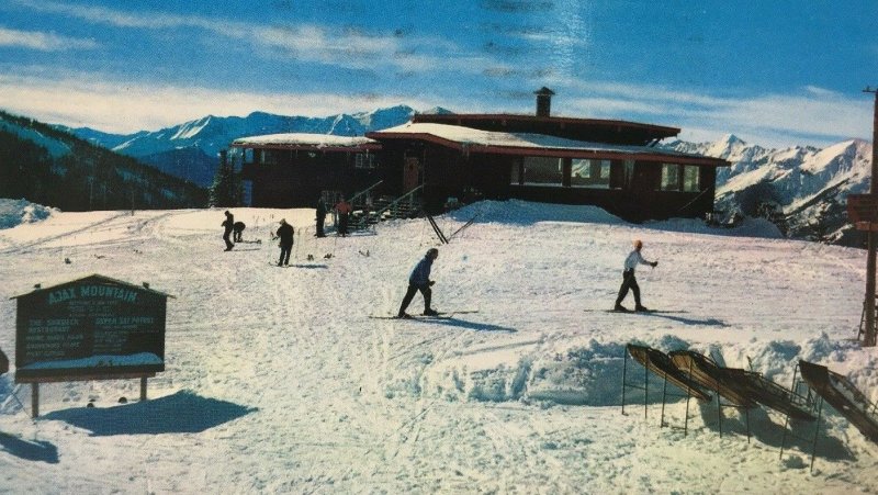 Aspen Sundeck Ajax Mountain Postcard Skiiers Skiing Colorado