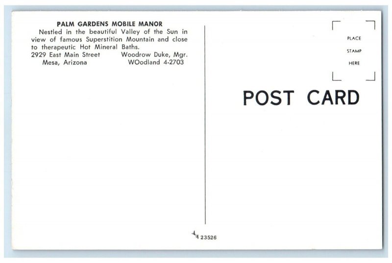 c1950's View Of Palm Gardens Mobile Manor Mesa Arizona AZ Vintage Postcard