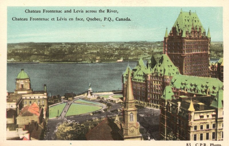 Vintage Postcard 1920's Chateau Frontenac & Levis Across River Quebec PQ Canada