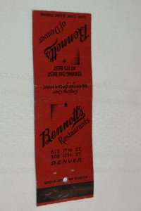 Bennett's Restaurants Denver Colorado 20 Strike Matchbook Cover