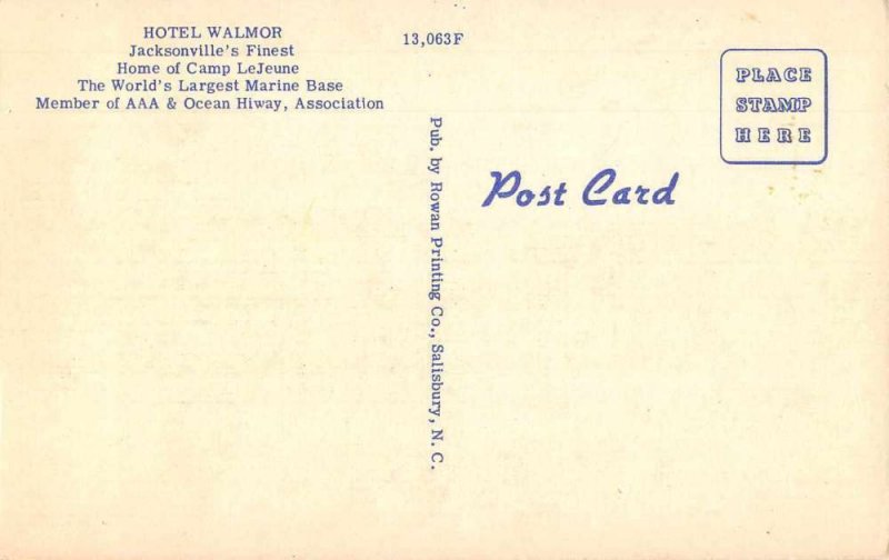 Jacksonville North Carolina Hotel Walmor Linen Vintage Postcard JI658087