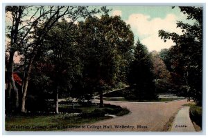 c1950's Wellesley College Hall Drive Dirt Road Trees Massachusetts MA Postcard 