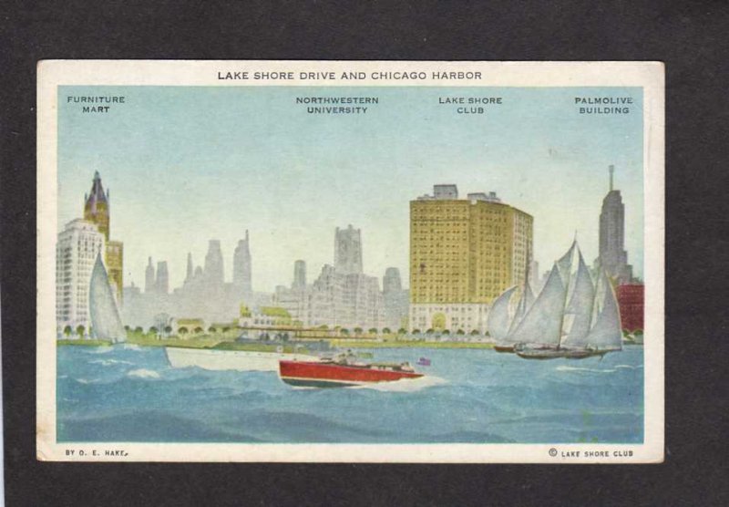 IL Lake Shore Drive Club Boat Northwestern University Chicago Illinois Postcard