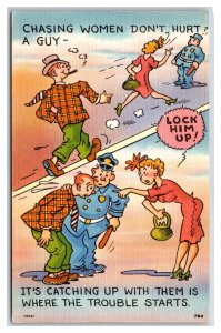 Comic Creeper Gets Arrested for Chasing Women UNP Linen Postcard S2