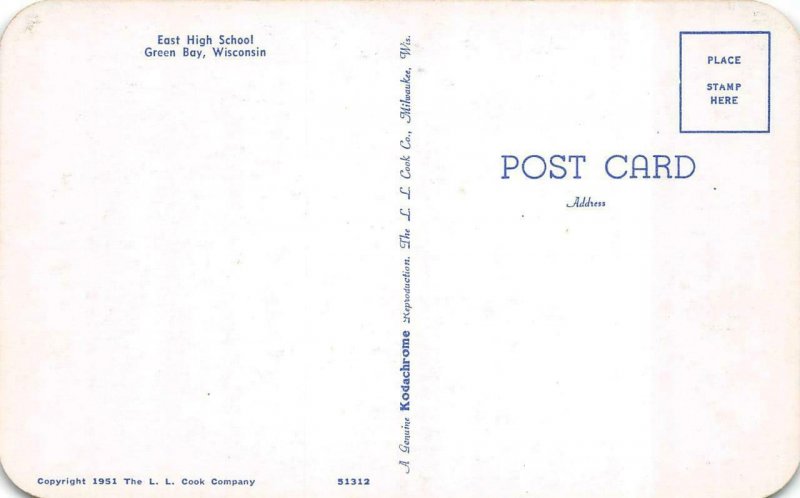 GREEN BAY, Wisconsin WI ~  EAST HIGH SCHOOL  1951 Chrome Rounded Corner Postcard