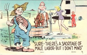 Comic MALE LABOR SHORTAGE~Farmer Doesn't Mind~SEXY WOMEN ca1940's Linen Postcard
