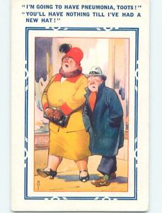 Bamforth comic LARGE WOMAN WITH HANDBAG PURSE WALKING WITH SMALL HUSBAND HL3159