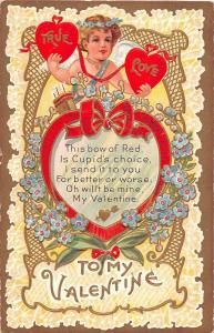 To My Valentine greetings child with hearts flowers antique postcard (Z4119)