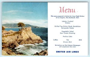 UNITED AIR LINES MENU Advertising MONTEREY LONE CYPRESS Chef Burkhardt Postcard