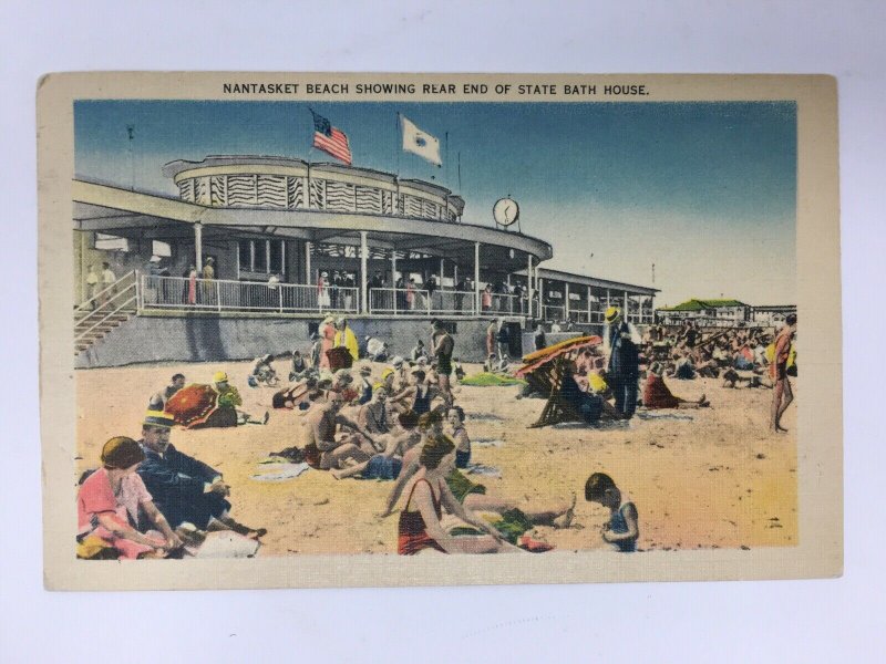 Nantasket Beach MA Postcard Showing Rear End of State Bath House Beach Swimsuits