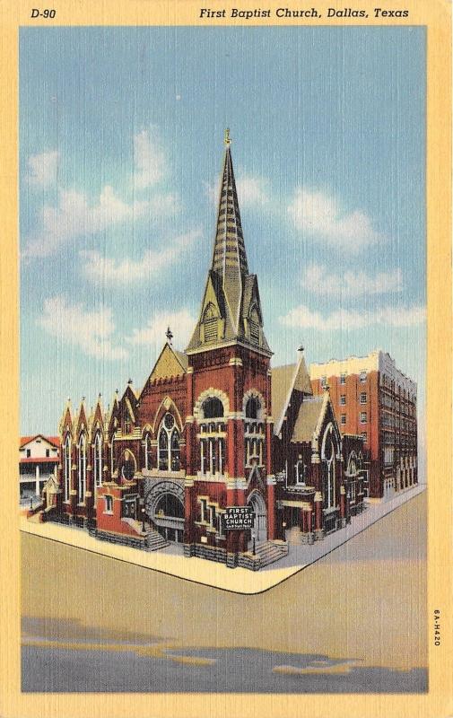 Dallas Texas~First Baptist Church on St Paul & San Jacinto Street~1936 Postcard