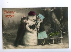 148966 NEW YEAR Kid & SMOKING Pipe SNOWMAN w/ VIOLIN old PHOTO