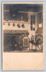 RPPC Spinning Wheel By Fireplace AZO 1904-1908 ANTIQUE Postcard 1282