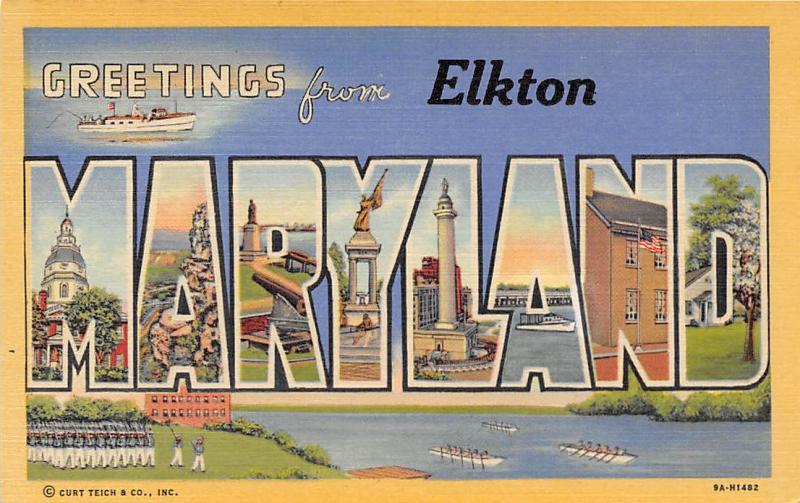 Greetings From Elkton Maryland Large Letter linen postcard