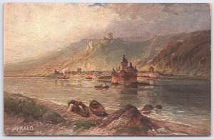Vintage Kaub, Burg Gutenfels & Pfalz Rhein River German Postcard