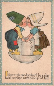Vintage Postcard 1910's Kids Kissing Cute Little Lovers Comic Card With Border