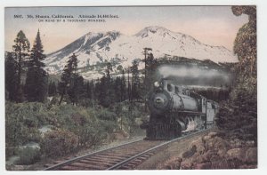 P1981, old postcard  RR train steam view mt shasta calif road thousand wonders