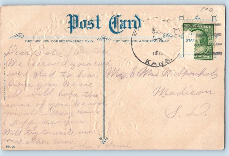 Christmas Postcard Holly Berries House Winter Scene Embossed Madison SD c1910's