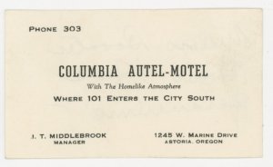 1930s Columbia Autel Motel Astoria, Oregon Business Card F208
