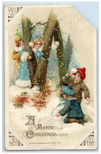 1913 Christmas Children Snowball Fight Winter John Winsch Arist Signed Postcard