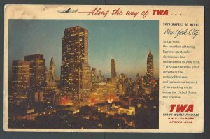 1960 PPC NY City Skyscrapers AT Night Along The Way Of TWA Used