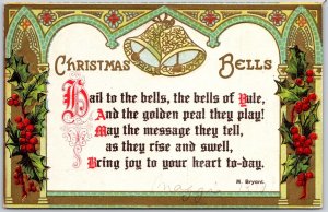 1910's Christmas Bells Calligraphy Border Message And Greetings Postred Postcard