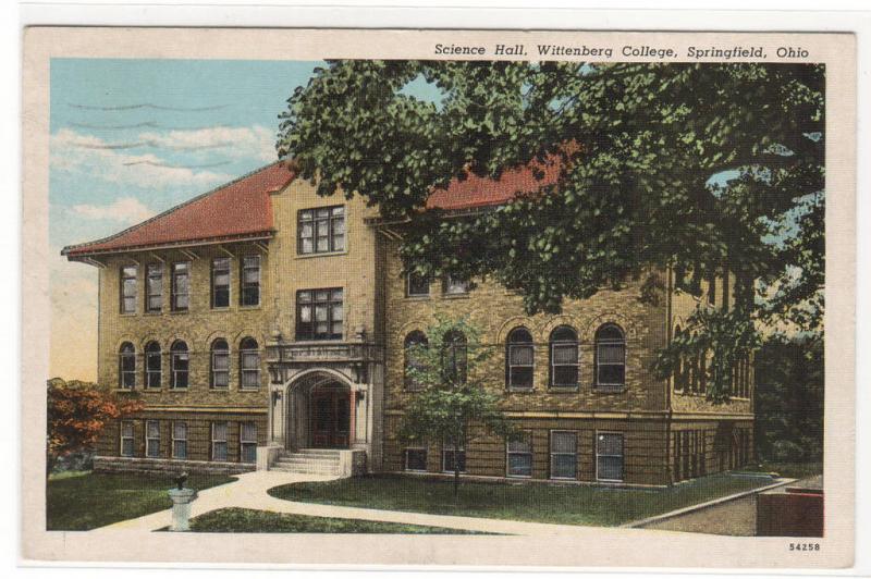 Science Hall Wittenberg College Springfield Ohio 1943 postcard