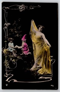 Fantasy RPPC Woodland Nymph in Yellow w Fairy Gnome Painted Accents Postcard L35