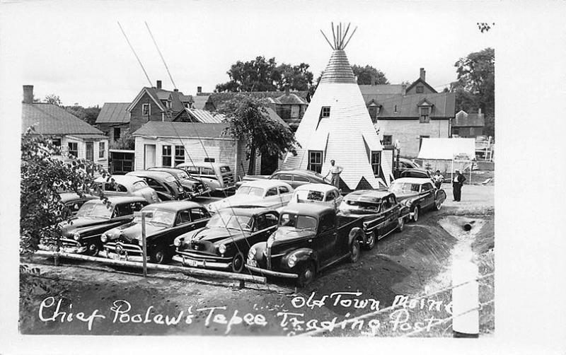 Old Town ME Chief Poolaw's Tepee Trading Post Old Cars RPPC