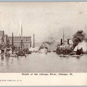 1908 Chicago IL Mouth of River Steamer Steamship Sternwheeler Boat Shipping A194