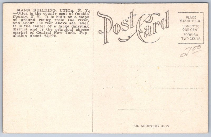 K21/ Utica New York Postcard c1910 Mann Building Trolley 204