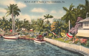 Vintage Postcard Bit Of Venice Resort Beach Boating Palm Fort Lauderdale Florida