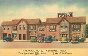 Autos Camdenton Missouri Harwood Hotel 1930s Postcard linen Mid-West 5374