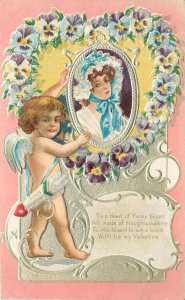 Embossed Postcard Cupid Valentine Ser.1; Lovely Lady, Tis a Heart of Pansy Bloom