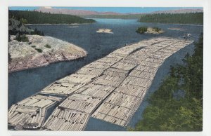 P3136 old loggin postcard big log raft tugboat through deception pass washington