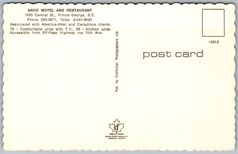 Vtg Prince George British Columbia BC Anco Motel & Restaurant Canada Postcard