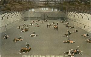 Vintage Postcard Fort Riley KS Interior of Riding Hall Trained Horses US Army