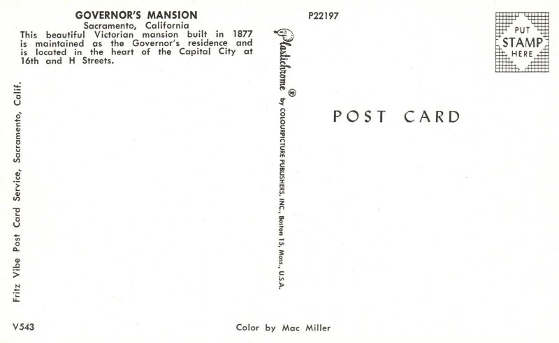 Vintage Postcard Governor's Victorian Mansion Sacramento California CA