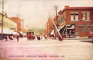 Moline Illinois 15th street looking south trolley train antique pc Y13128