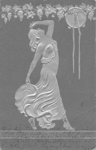 Art Nouveau Style 1905 Lady in Silver Dress Vineyard embossed postcard C356