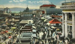 Long Beach CA Crowds on the Pike Postcard People Hand Colored