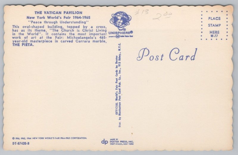 Theme Park & Expo~The Vatican Pavilion~NYWF~Peace~Vintage Postcard
