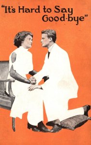 Postcard 1910's It's A Hard To Say Good Bye! Lovers Kneeling Man Before Woman