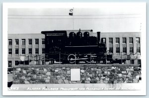 Postcard RPPC c1950s Anchorage Alaska Railroad Monument And Passenger Depot