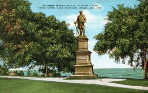 Vintage Postcard Solomon Juneau Statue Overlooking Lake Michigan Milwaukee WI
