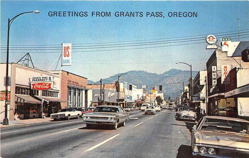 Grants Pass OR Street View Store Fronts Music Shop Old Cars Postcard