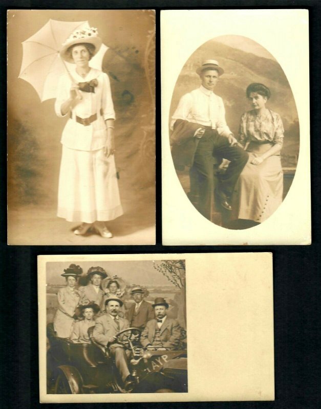 73RPPC  Seattle Studio Family in Auto ? AYP woman dressed with Umbrella in White
