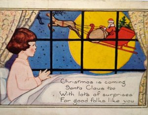 Christmas Postcard Whitney Child Sees Santa Claus & Reindeer Fly By Full Moon