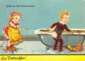 Lot227  bad hermannsborn comic postcard germany girl washing a boy